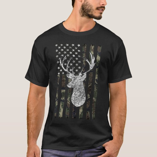 Deer Hunting Buck Camouflage Flag T-Shirt (Front)