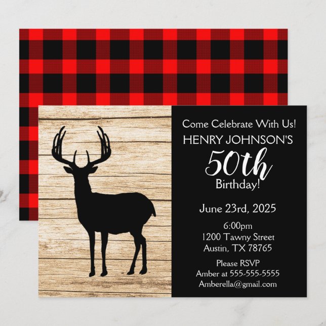 Deer Hunting Buffalo Plaid Themed 50th Birthday Invitation (Front/Back)
