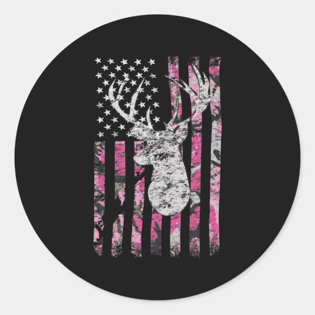 Deer Hunting Camo American Flag Pink Buck  Classic Round Sticker (Front)