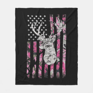 Deer Hunting Camo American Flag Pink Buck  Fleece Blanket