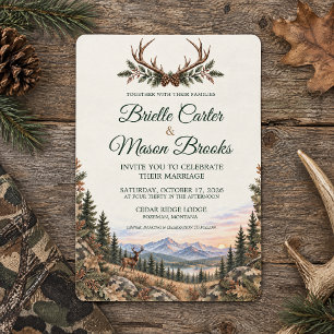 Deer Hunting Camo Watercolor Mountain Wedding Invitation