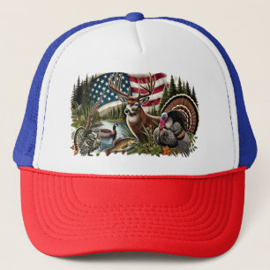 Deer Hunting Duck Fishing USA Flag  Trucker Hat