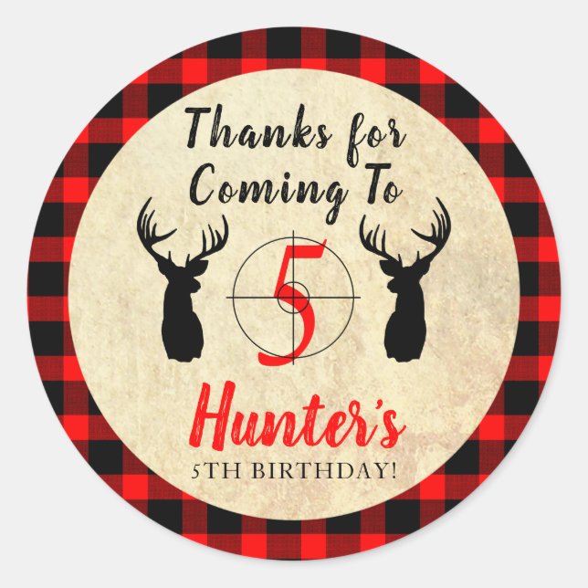 Deer Hunting Theme Birthday Party Thank You Classic Round Sticker (Front)