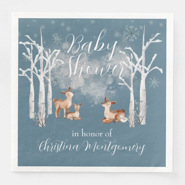 Deer in a White Winter Forest Baby Shower on Blue Napkin (Front)