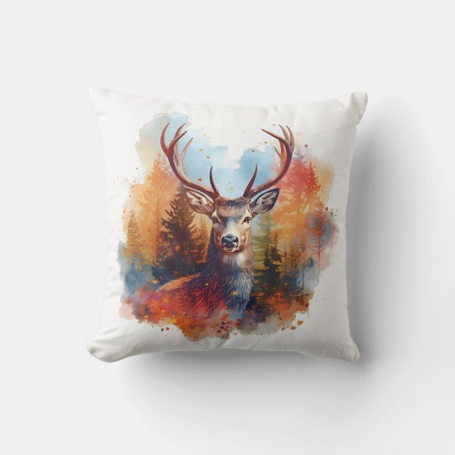 Deer in an Autumn Forest Throw Pillow (Front)