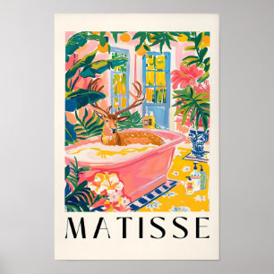 Deer In Bathtub Art Print, Mid Century Art, Bathro Poster