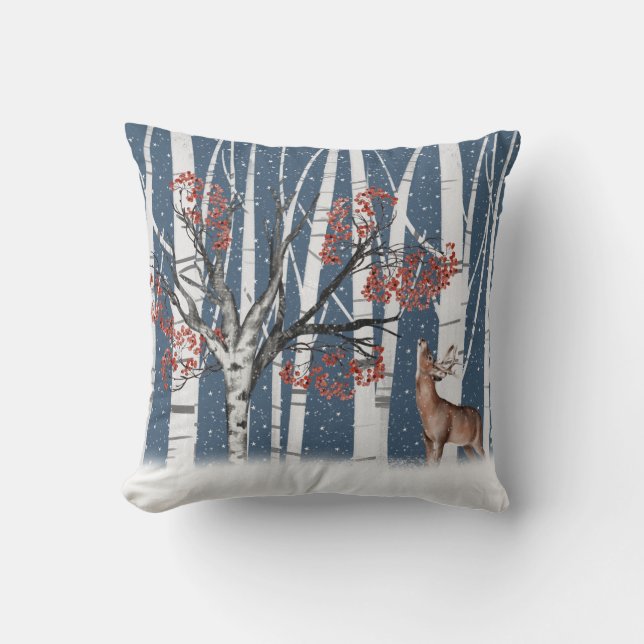 Deer In Birch Tree Forest Throw Pillow (Front)