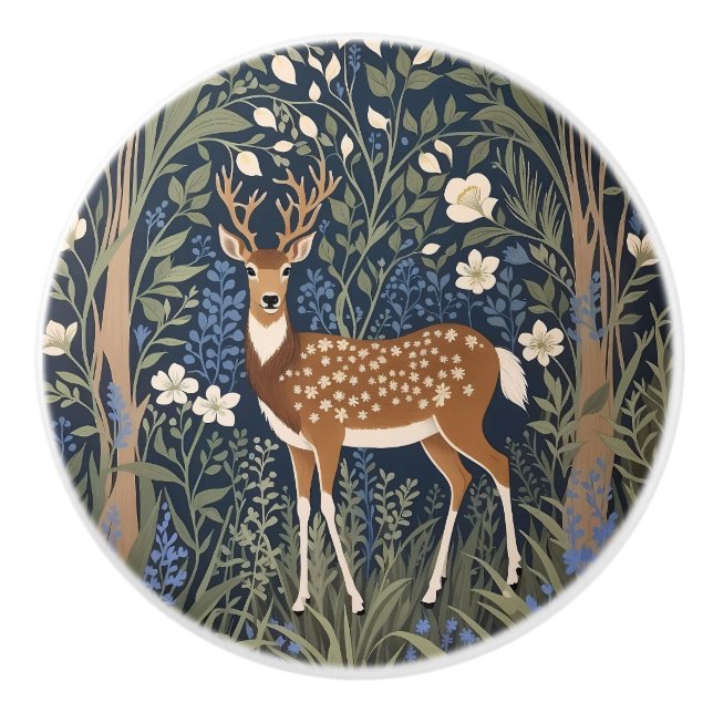 Deer In Bluebell Forest William Morris Inspired Ceramic Knob (Front)