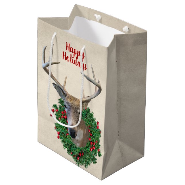 Deer In Christmas Wreath Medium Gift Bag (Front Angled)