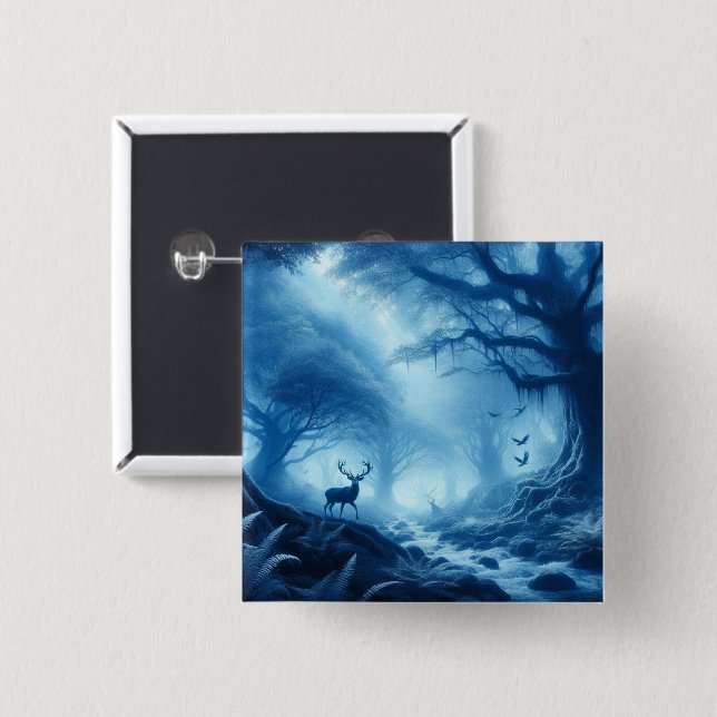 Deer in Dark Forest of Blue Haze 2 Inch Square Button (Front & Back)
