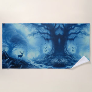 Deer in Dark Forest of Blue Haze Beach Towel