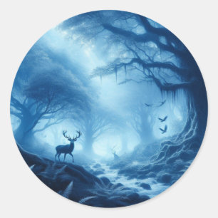 Deer in Dark Forest of Blue Haze Classic Round Sticker