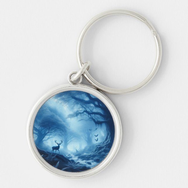 Deer in Dark Forest of Blue Haze Keychain (Front)