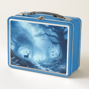 Deer in Dark Forest of Blue Haze Metal Lunch Box