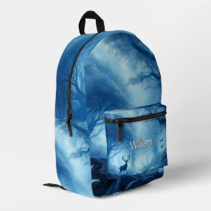 Deer in Dark Forest of Blue Haze Printed Backpack