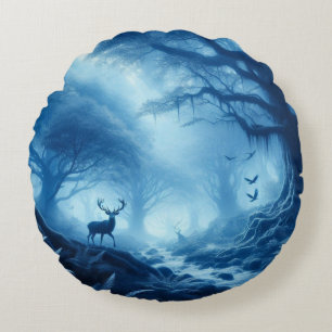 Deer in Dark Forest of Blue Haze Round Pillow