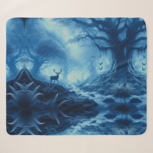 Deer in Dark Forest of Blue Haze Sherpa Blanket