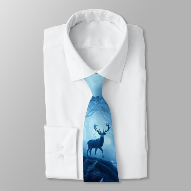 Deer in Dark Forest of Blue Haze Tie (Tied)