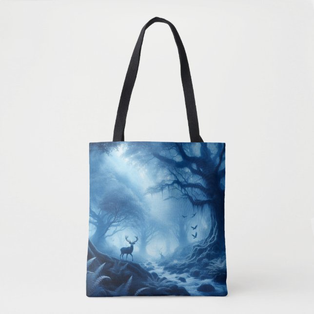 Deer in Dark Forest of Blue Haze Tote Bag (Front)
