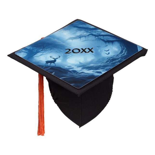 Deer in Dark Forest of Blue Haze Year Graduation Cap Topper (Angled)