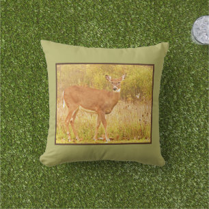 DEER IN FIELD LOOKING AT CAMERA OUTDOOR PILLOW