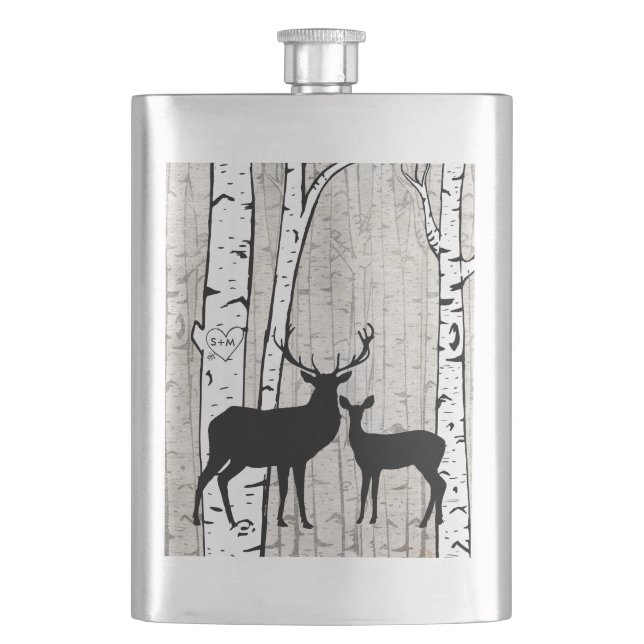 Deer in Foggy Birch Forest Custom Initials Flask (Front)