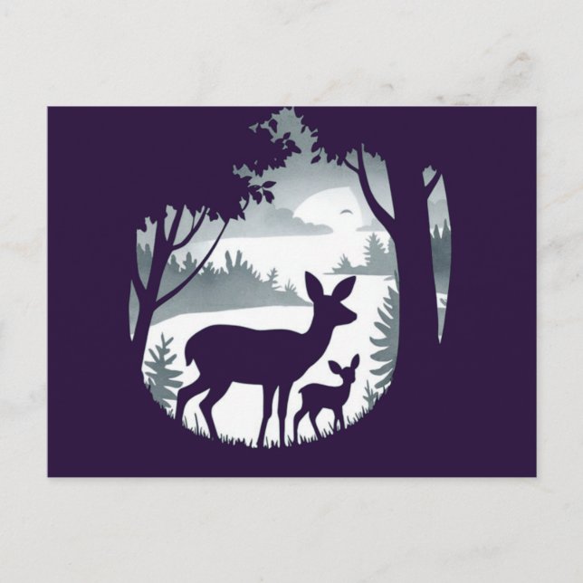 Deer in Forest Clearing Postcard Doe and Fawn (Front)
