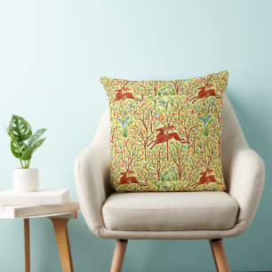 Deer In Forest Retro Art Nouveau Pattern by Voysey Throw Pillow