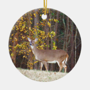 Deer in Front of Yellow Autumn Tree Ceramic Ornament