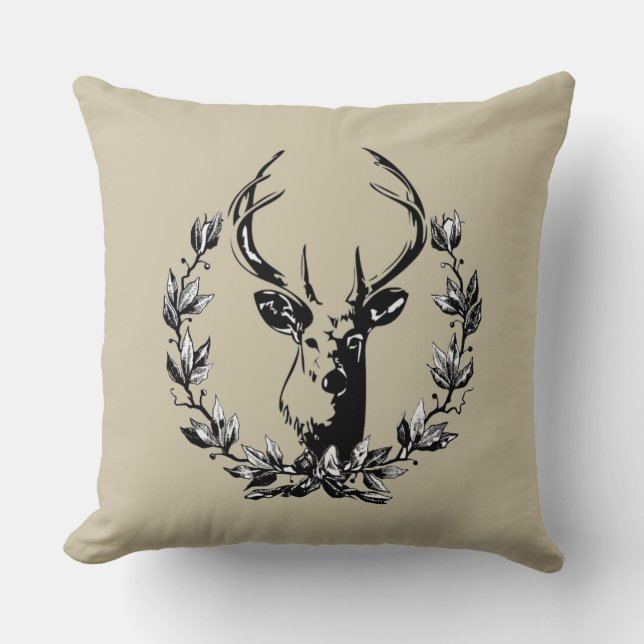 Deer in Laurel Leaves Throw Pillow (Front)