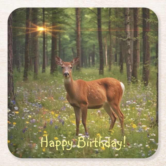 Deer in Magical Forest Square Paper Coaster (Front)