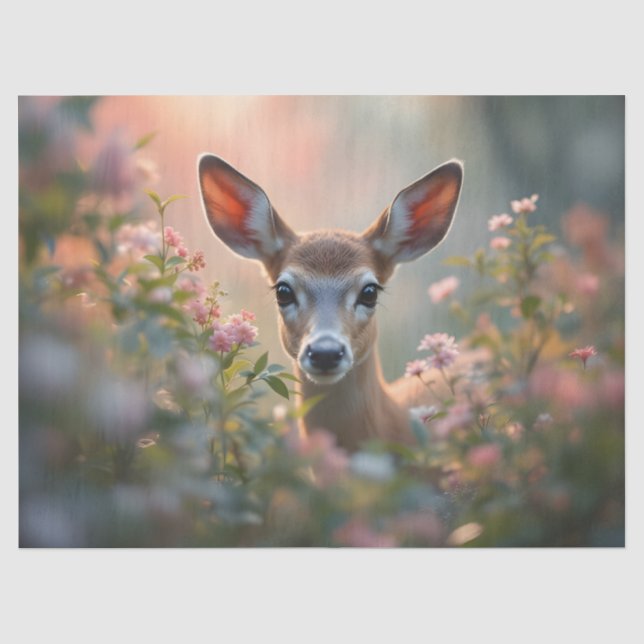 Deer in pink flowers close up tissue paper (Front)
