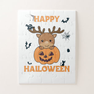 Deer In Pumpkin Cute Deer Happy Halloween Jigsaw Puzzle