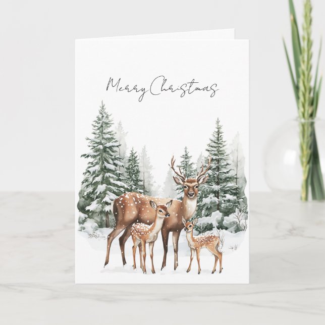 Deer in Snow Christmas Pine Trees Card (Front)