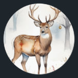 Deer In Snowy Forest Christmas Trees Watercolor Classic Round Sticker<br><div class="desc">Deer In Snowy Forest Christmas Trees Watercolor Classic Round Sticker</div>