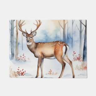 Deer In Snowy Forest Christmas Trees Watercolor Doormat