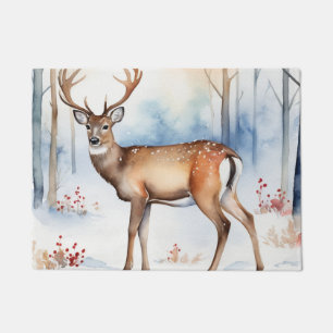 Deer In Snowy Forest Christmas Trees Watercolor Doormat