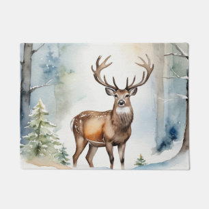 Deer In Snowy Forest Christmas Trees Watercolor Doormat