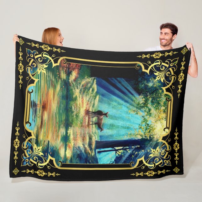 Deer in sunshine streak forest and water fleece bl (In Situ)