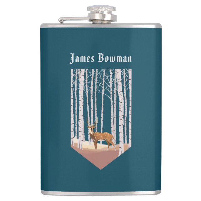 Deer in the Birch woods / Personalized Name Hip Flask (Front)