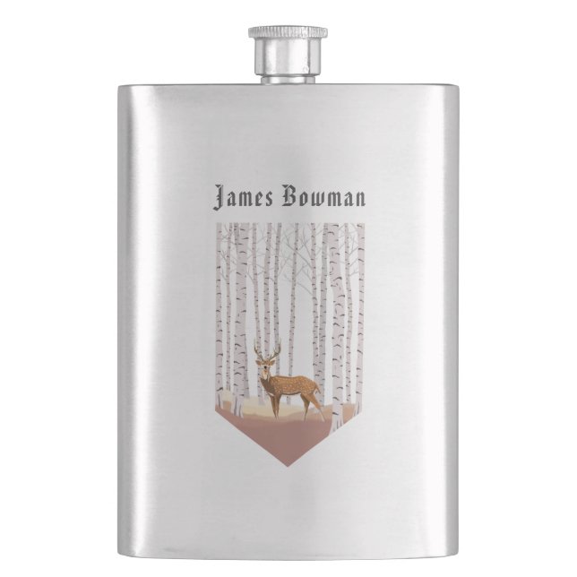 Deer in the Birch woods / Personalized Name Hip Flask (Front)