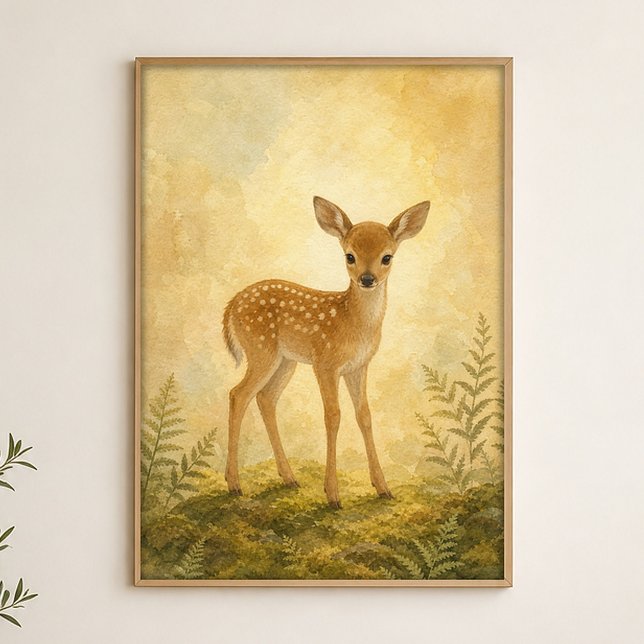 Deer in the Clearing Watercolour Whimsical Poster (Shown framed for scale. Poster ships unframed; frames are an optional add-on.)