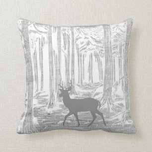 Deer in the Forest Shades of Gray Stag Trees Throw Pillow