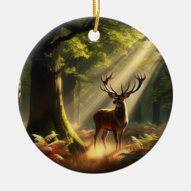 Deer in the morning forest ceramic ornament (Front)