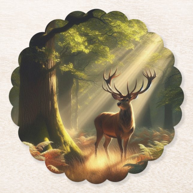 Deer in the morning forest paper coaster (Front)