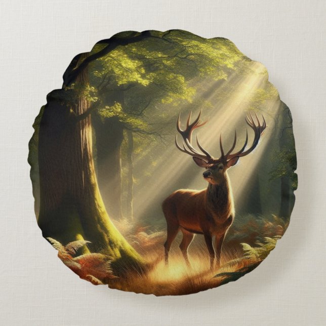 Deer in the morning forest round pillow (Front)