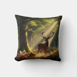 Deer in the morning forest throw pillow