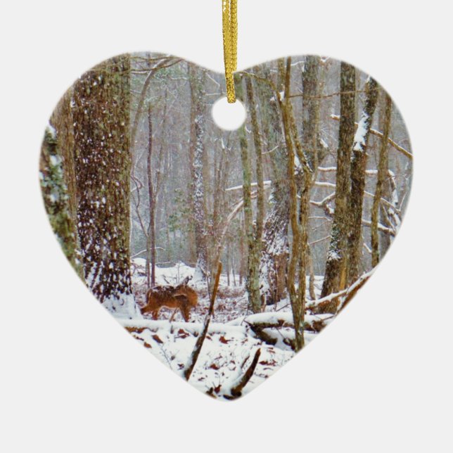 Deer in the snow, licking leg ceramic ornament (Front)