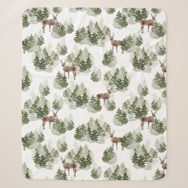 Deer in the Woods Evergreen Fleece Blanket (Front)
