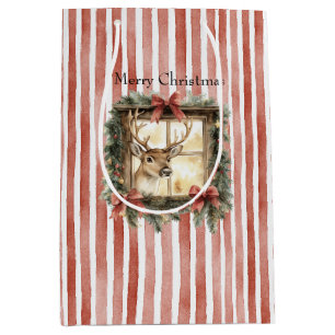Deer in Window Red Stripes Bows Christmas Medium Gift Bag